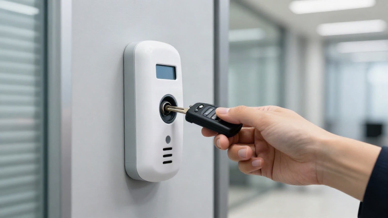 Proximity card reader mounted beside an office door
