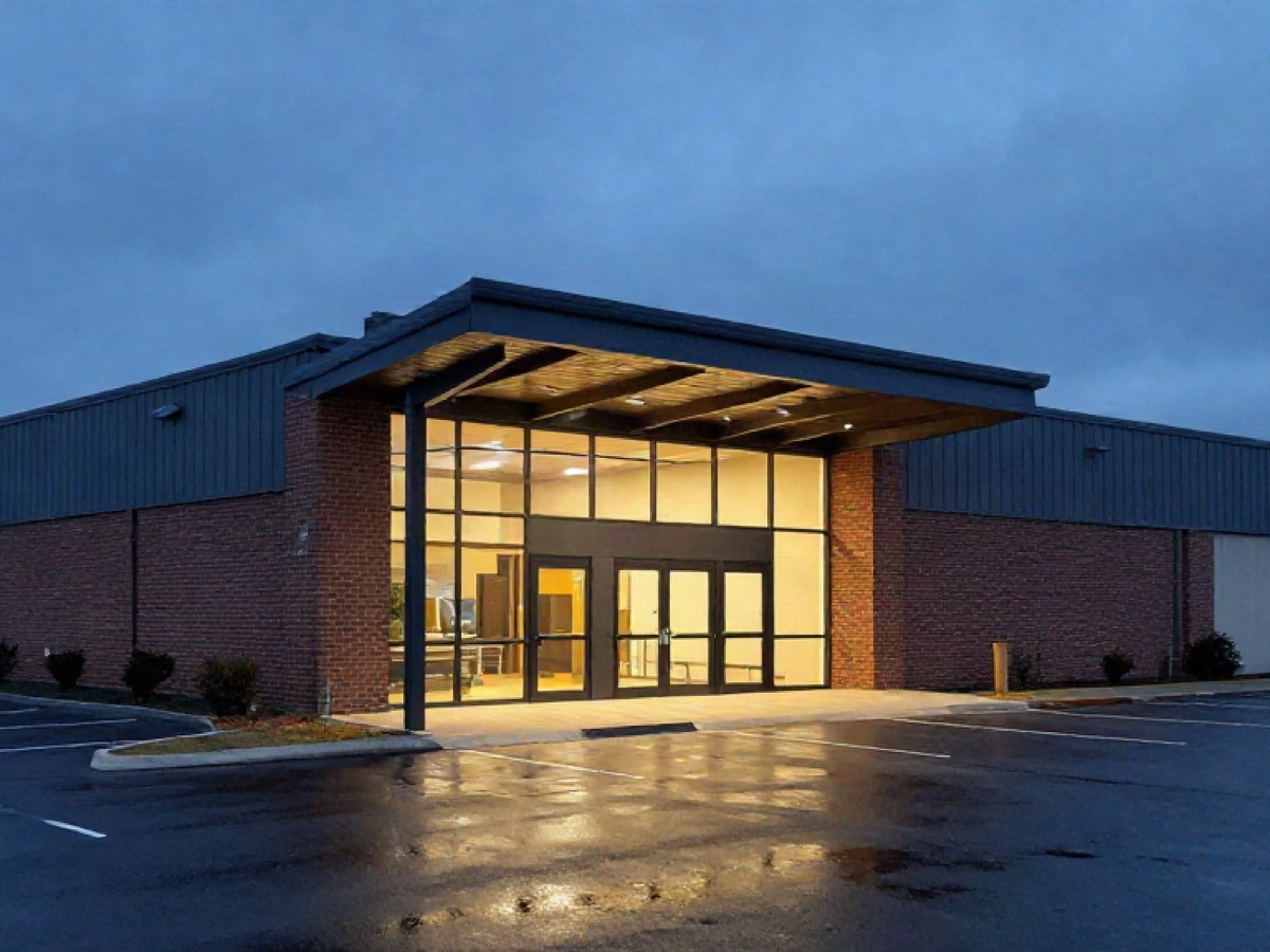 Commercial facility entrance with a dark-framed glass storefront door system and access control