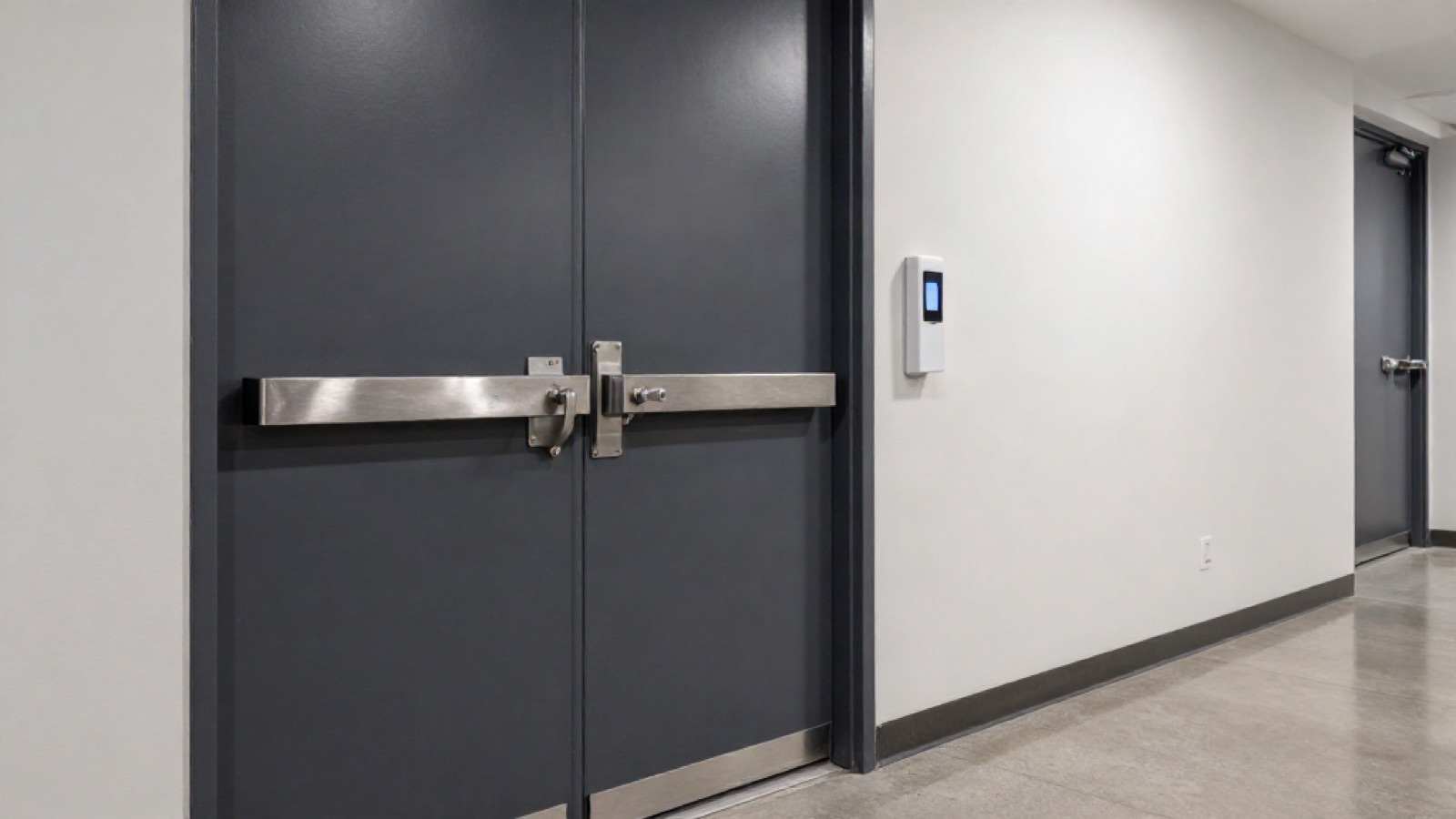 Commercial steel doors with panic bar exit devices and a card access reader in a facility corridor