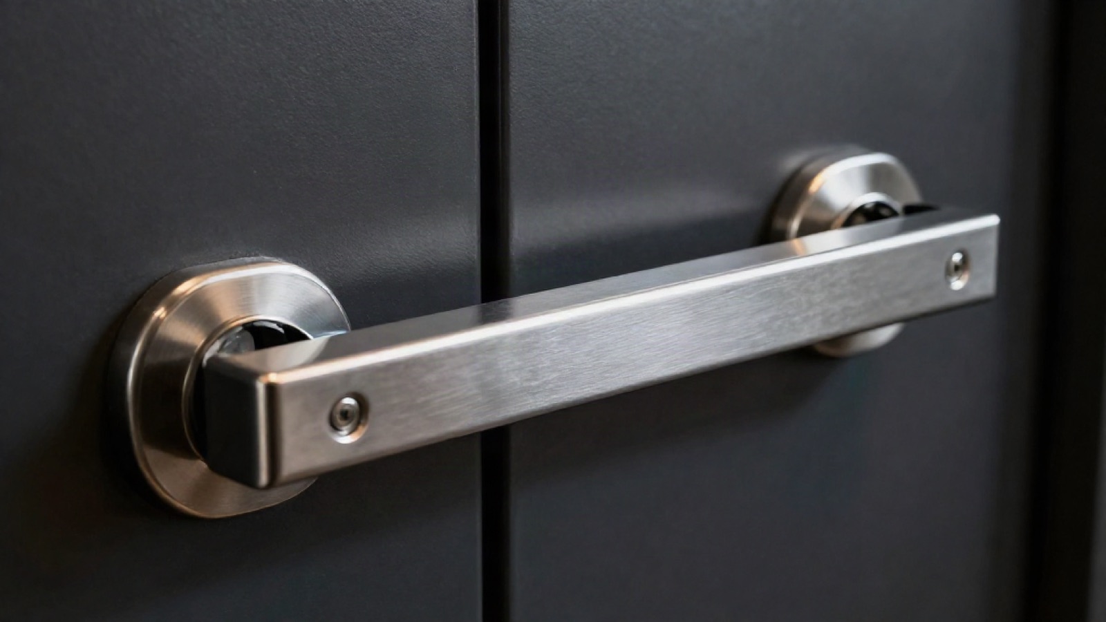 Brushed stainless steel panic bar exit device on a steel door