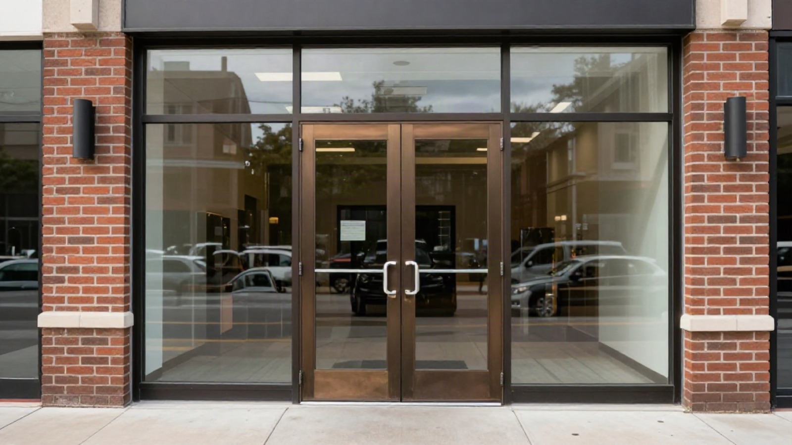 Commercial storefront entrance with aluminum framed glass doors